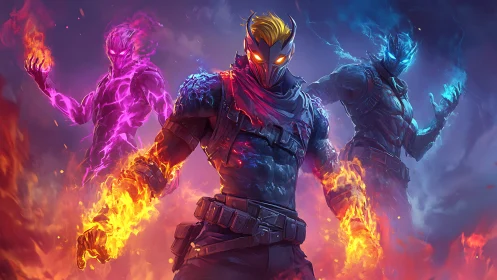 Triad of elemental humanoid warriors in flame and energy.