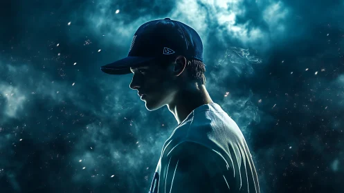 Moody baseball silhouette amid glowing blue stadium haze.