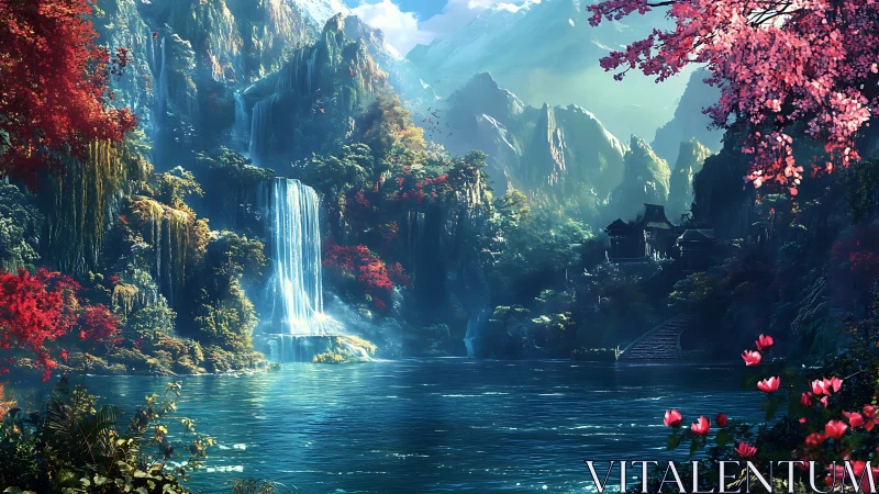 Waterfall valley with temple and vivid foliage under mountains