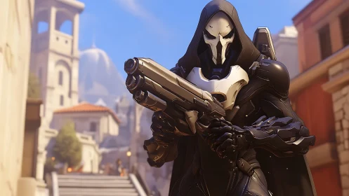 Masked armored gunman advances through sunlit urban alley