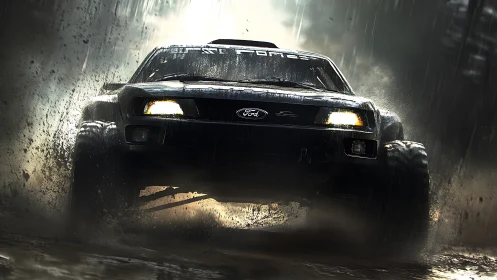 Roaring rally truck powers through rain and flying mud