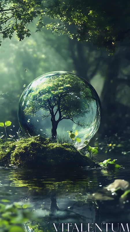 Tree contained inside transparent sphere above reflective water