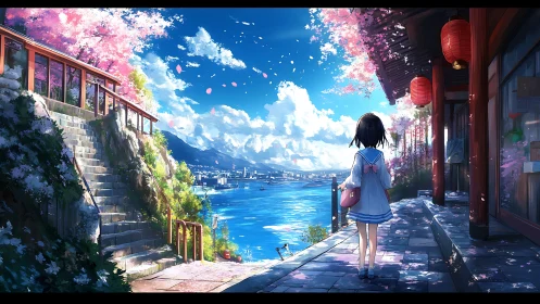 Spring riverside walk with schoolgirl under cherry petals.