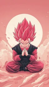 Meditative warrior figure with spiked hair before full moon.