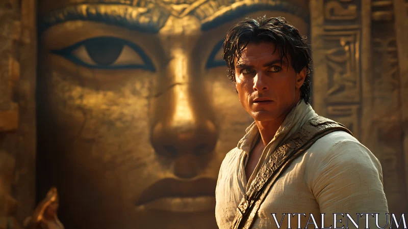 Explorer before monumental golden pharaoh carving, tense gaze.