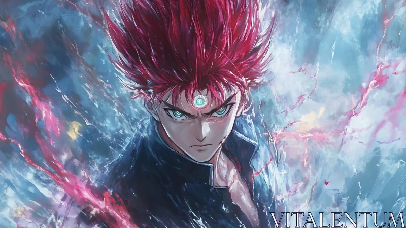 Red haired figure with glowing forehead mark in energy field.