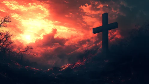 Cross silhouette against high-contrast crimson storm sunset sky