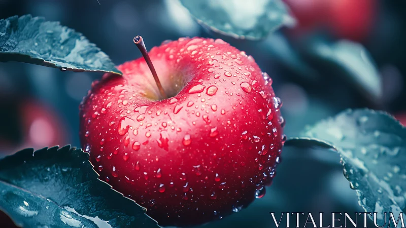 Photorealistic macro study of dewy red apple among foliage.