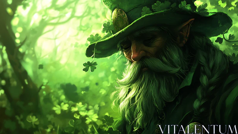 Elderly forest figure with clover hat in green light field.