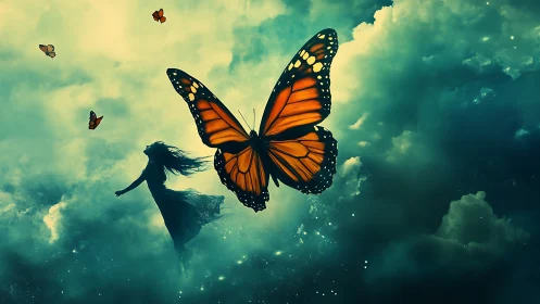 Silhouette figure and monarch butterfly within clouded sky.