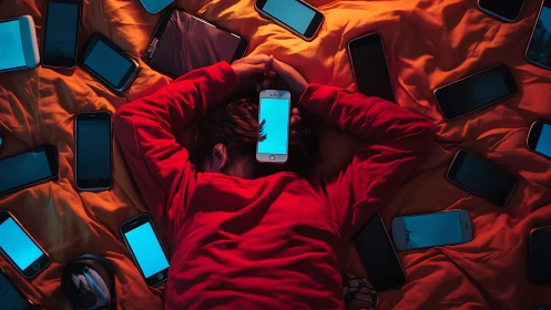 Glowing phones surround a resting teen lost in screen light
