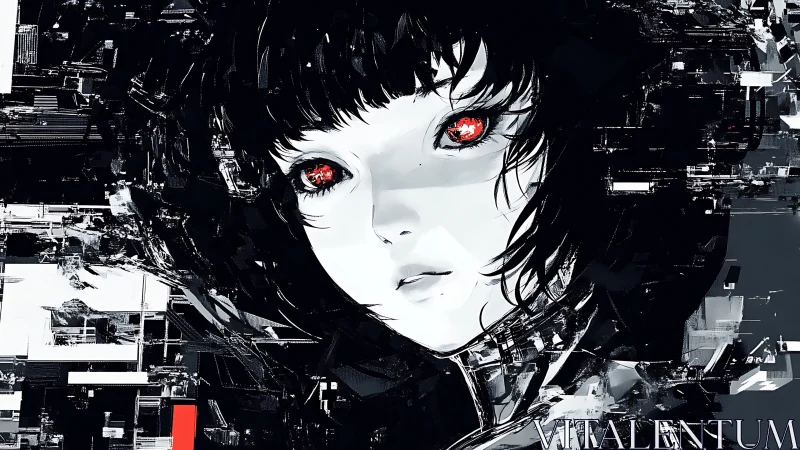 Cybernetic portrait of female android with fragmented glitch core