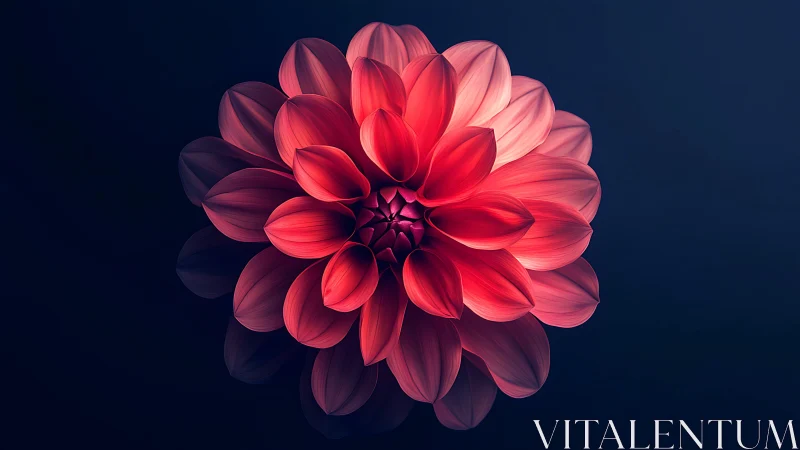 Coral-Red Dahlia with Radial Petal Structure Against Deep Teal Background.
