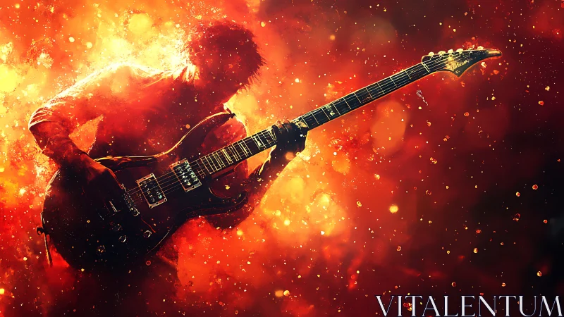 Silhouette rock guitarist ignites fiery abstract stage.