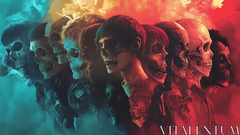 Gradient-lit skull morph sequence merges portraits with decayed anatomy