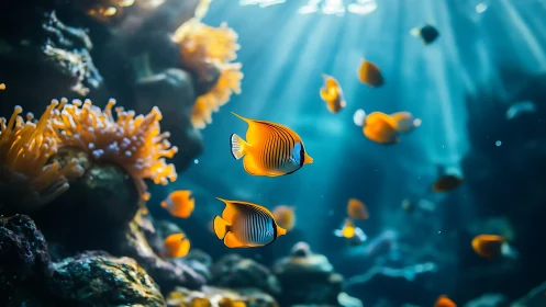 Tropical reef fish glow under sunlit underwater currents.