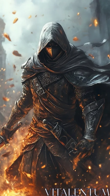 Hooded firelit warrior walking through swirling embers.