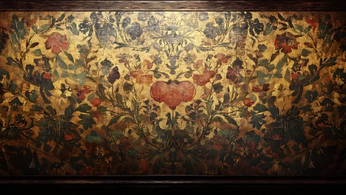 Aged floral mural with central heart motif on distressed gold ground