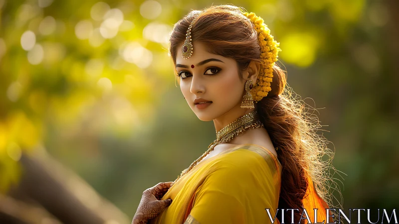 Woman in yellow saree looks back with soft outdoor lighting
