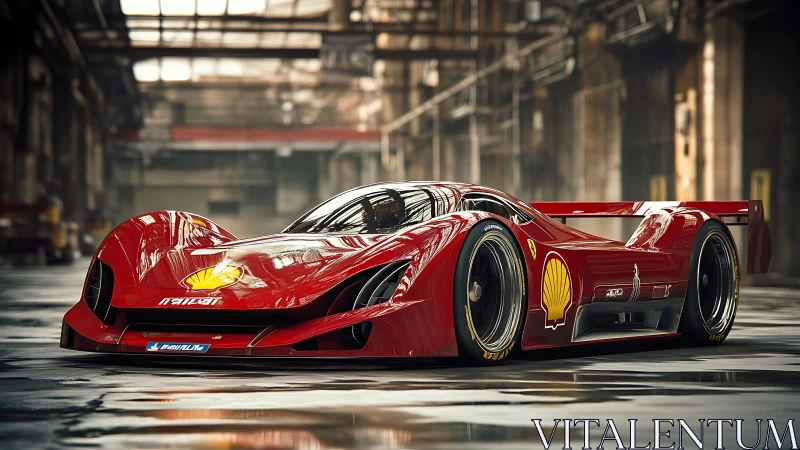Red endurance race car sits in industrial warehouse light