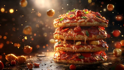 Multi-layer gourmet pizza stack rendered in cinematic lighting