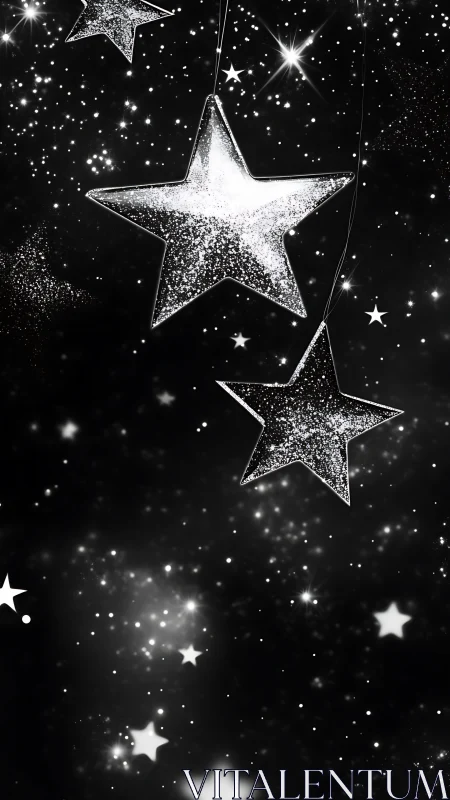 Silver glitter stars hang against dense night sky