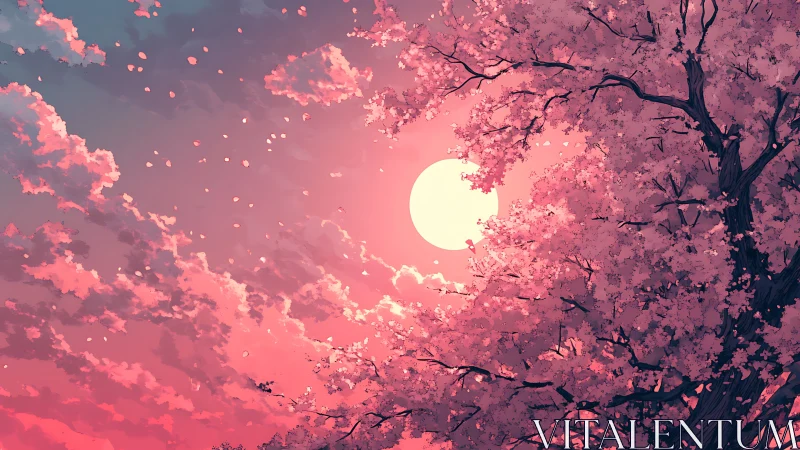 Moonlit cherry blossoms drifting through a rosy sky.