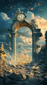 Crumbling clock arch welcomes birds into a dreamy sky passage
