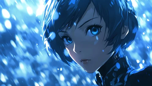 Rainlit gaze of a blue haired heroine in electric quiet.
