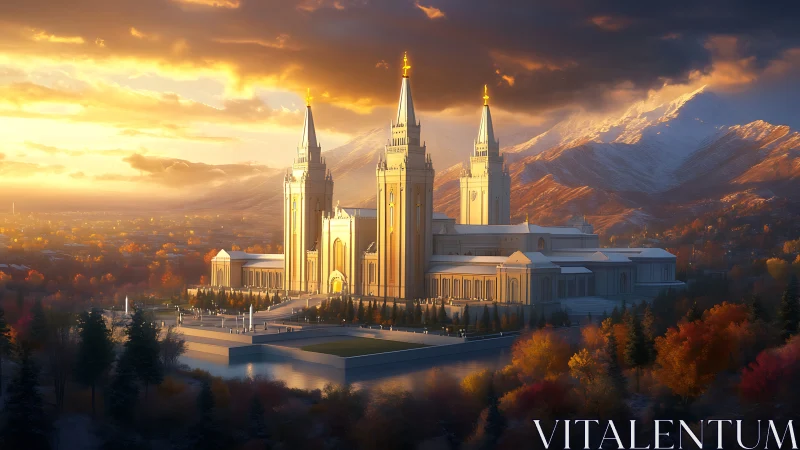 Sunlit mountain temple complex under dramatic autumn skies.
