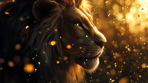Golden dusk lion profile amid drifting embers of light.