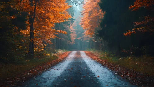 Wet forest road beneath autumn canopy with golden foliage