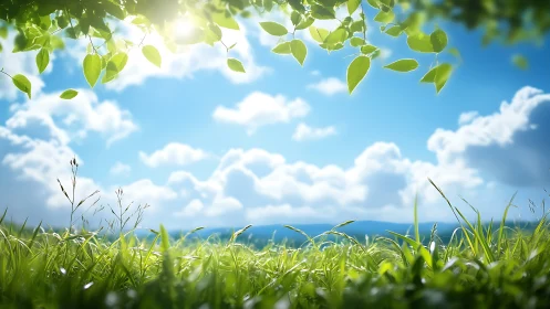 Low-angle meadow perspective under luminous summer sky