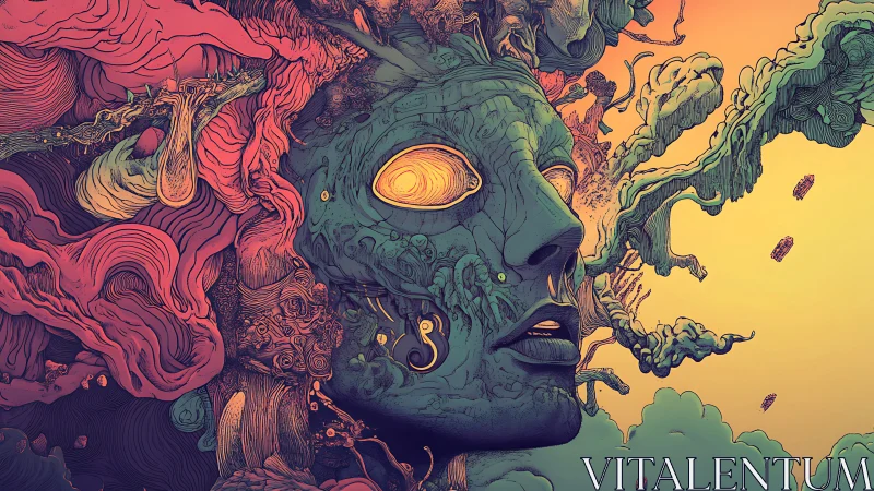 Psychedelic cosmic visage dissolving into swirling roots.