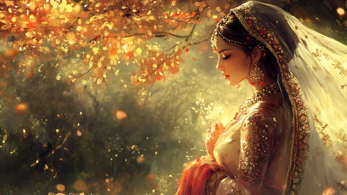 Profile view shows ornate bride standing in diffuse autumn light