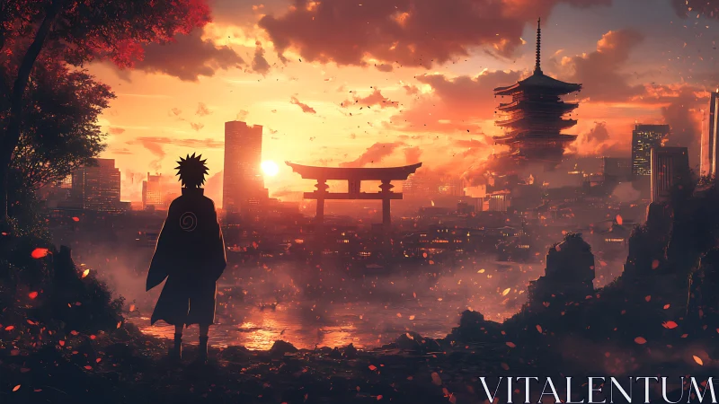 Lone cloaked figure observes sunset over neo-traditional city