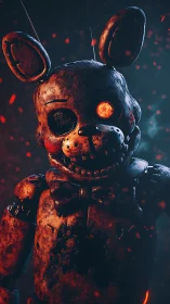 Rusty animatronic rabbit with glowing eye in sparks.