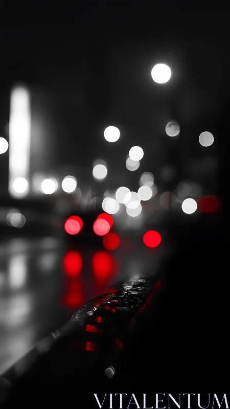 Rain soaked city rail reflects red bokeh night lights.