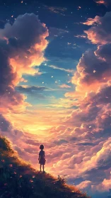 Child gazes over glowing sunset clouds in dreamlike sky
