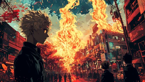 Blond youth observes towering inferno over neon city street