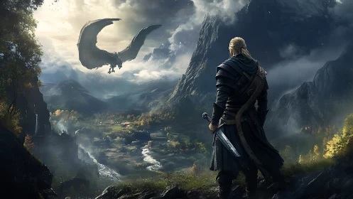 Armored swordsman observing airborne dragon over alpine valley.