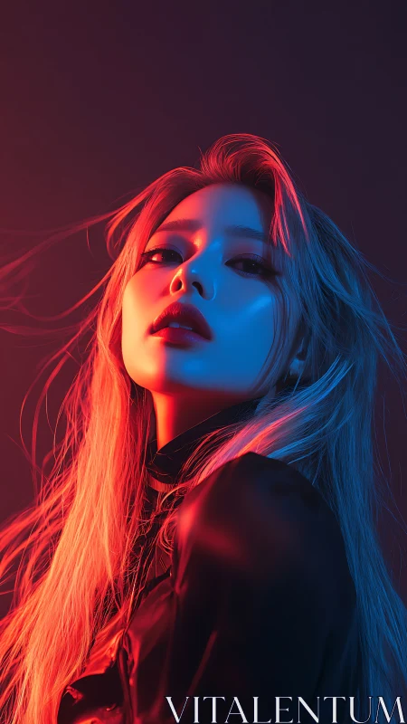 Neon-lit portrait captures fierce confidence in dual colors