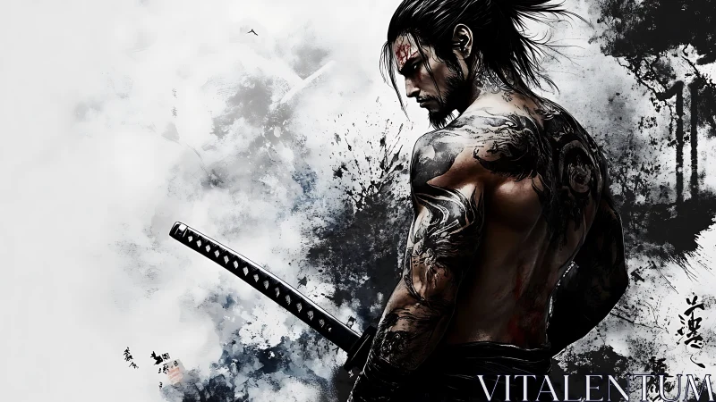 Ink‑scarred ronin listens to the storm behind his blade