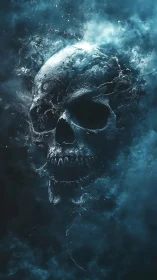 Glacial skull materializes from turbulent cyan vapor in void