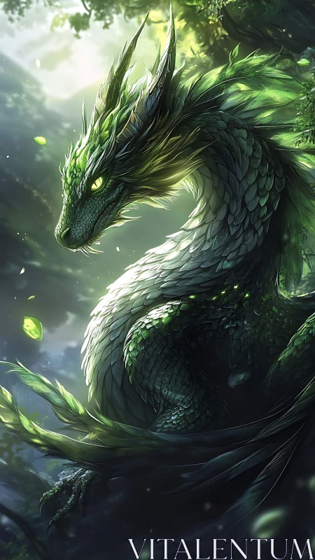 Verdant forest dragon coiled in soft diffused light.