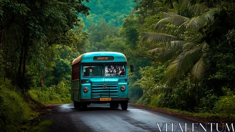 Vintage teal bus driving on wet forest road in hills.