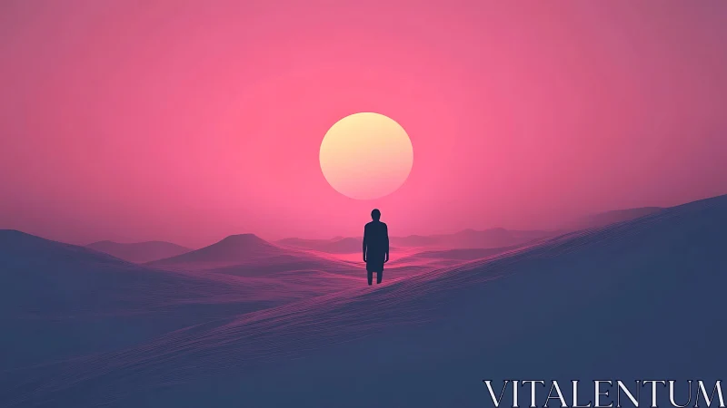 Silhouette lone figure on surreal dunes under pink sun.