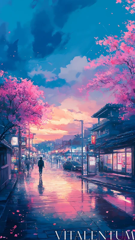 Digital painting of neon dusk street with cherry blossom reflections.