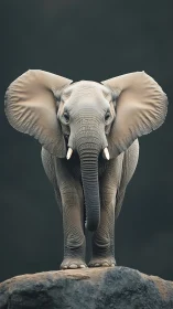 Elephant standing on rocky ledge in soft diffused light.