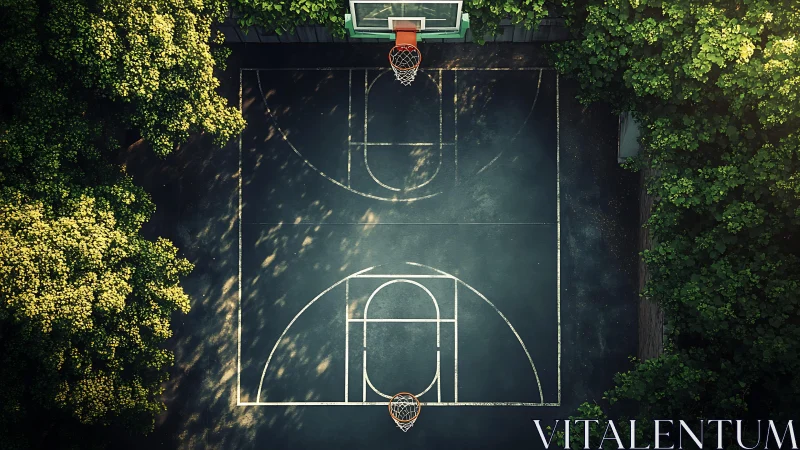 Urban basketball court hides within dense green canopy.
